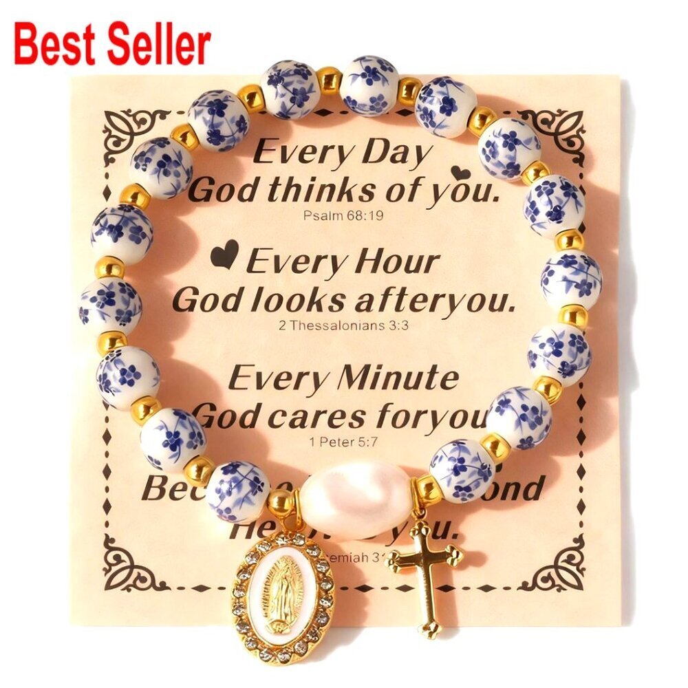 Handmade Stretch Beaded Bracelet with Gold Plated Cross Charm